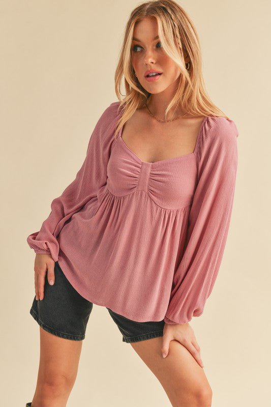 Aemi + Co Ruched Sweetheart Neck Balloon Sleeve Blouse - S. M. & Co.