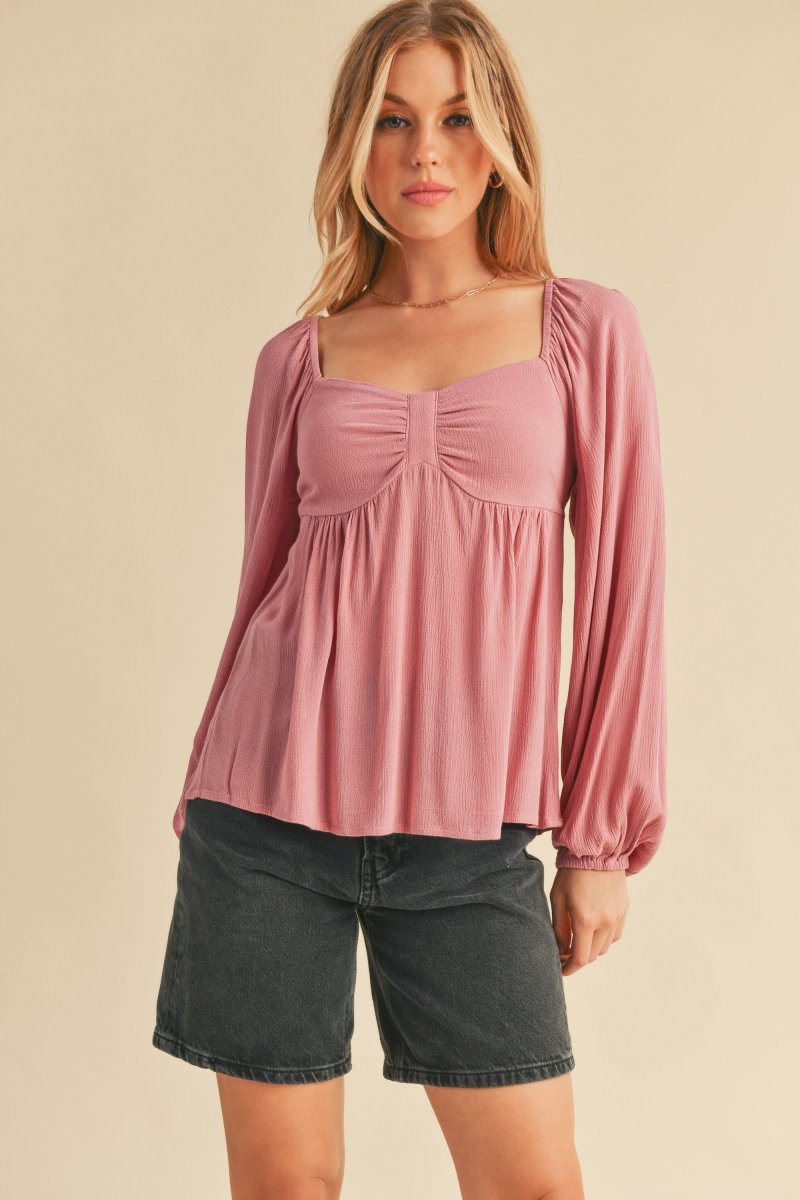 Aemi + Co Ruched Sweetheart Neck Balloon Sleeve Blouse - S. M. & Co.