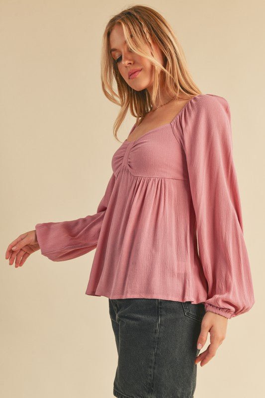 Aemi + Co Ruched Sweetheart Neck Balloon Sleeve Blouse - S. M. & Co.