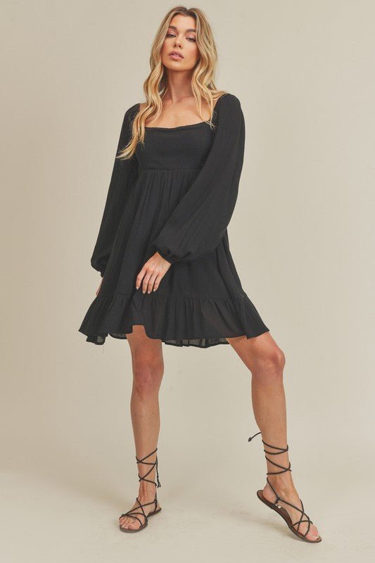 Aemi + Co Ruffled Hem Square Neck Balloon Sleeve Mini Dress - S. M. & Co.