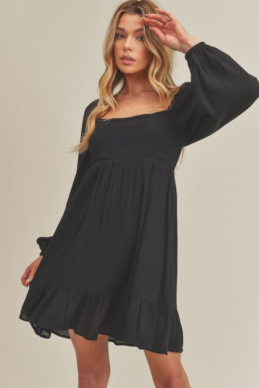 Aemi + Co Ruffled Hem Square Neck Balloon Sleeve Mini Dress - S. M. & Co.