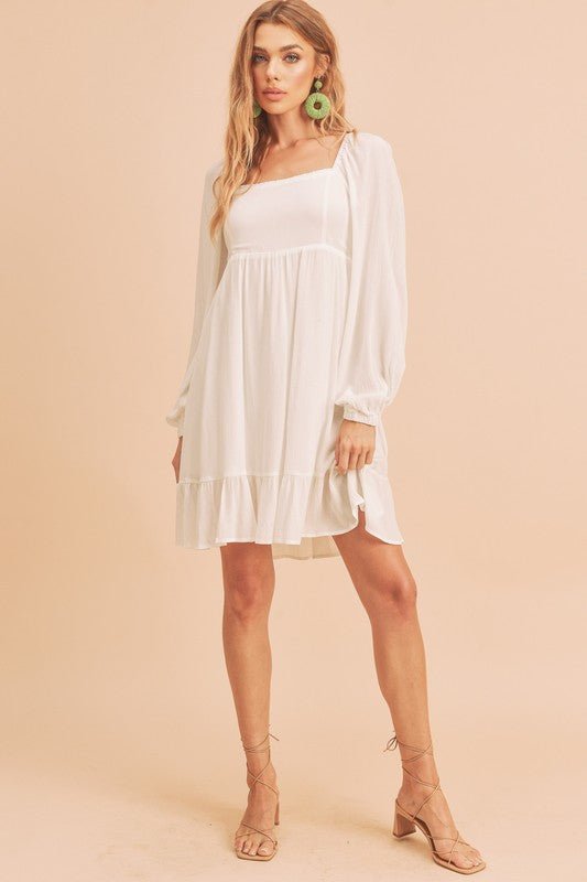 Aemi + Co Ruffled Hem Square Neck Balloon Sleeve Mini Dress - S. M. & Co.