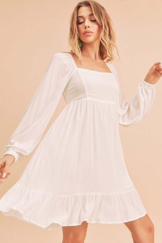 Aemi + Co Ruffled Hem Square Neck Balloon Sleeve Mini Dress - S. M. & Co.