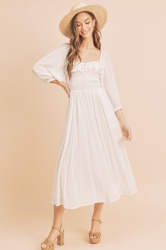 Aemi + Co Ruffled Smocked Square Neck Balloon Sleeve Dress - S. M. & Co.