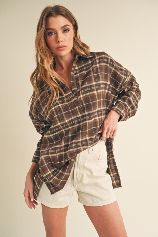 Aemi + Co Side Slit High - Low Plaid Long Sleeve Polo Shirt - S. M. & Co.