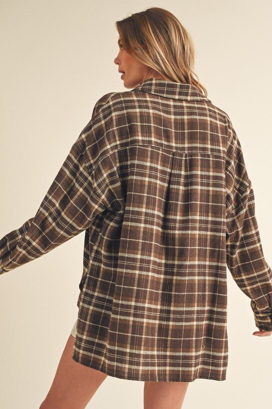 Aemi + Co Side Slit High - Low Plaid Long Sleeve Polo Shirt - S. M. & Co.