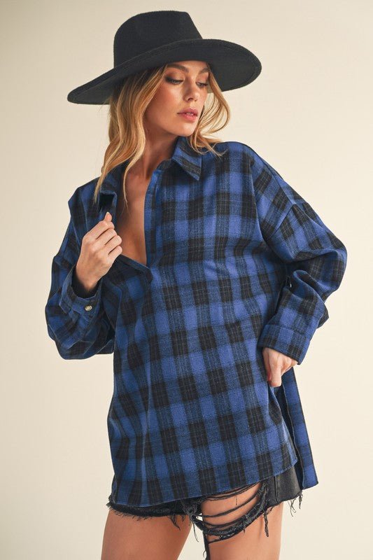 Aemi + Co Side Slit High - Low Plaid Long Sleeve Polo Shirt - S. M. & Co.