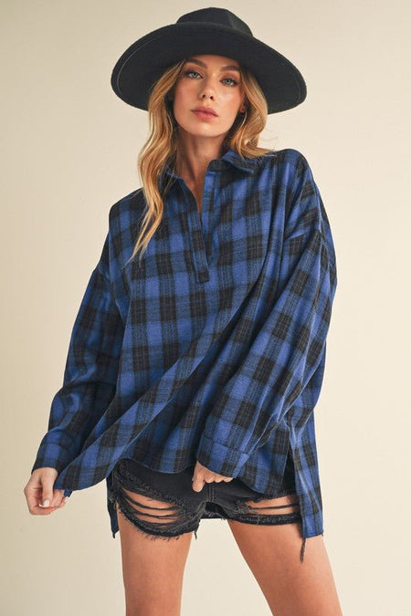 Aemi + Co Side Slit High - Low Plaid Long Sleeve Polo Shirt - S. M. & Co.