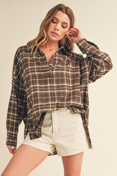 Aemi + Co Side Slit High - Low Plaid Long Sleeve Polo Shirt - S. M. & Co.