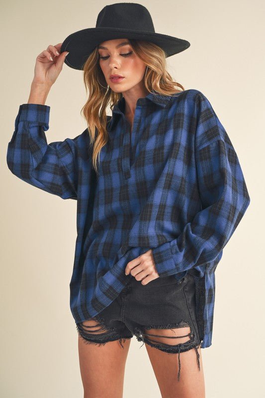 Aemi + Co Side Slit High - Low Plaid Long Sleeve Polo Shirt - S. M. & Co.