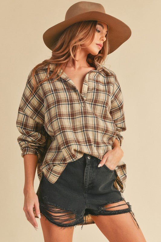 Aemi + Co Side Slit High - Low Plaid Long Sleeve Polo Shirt - S. M. & Co.