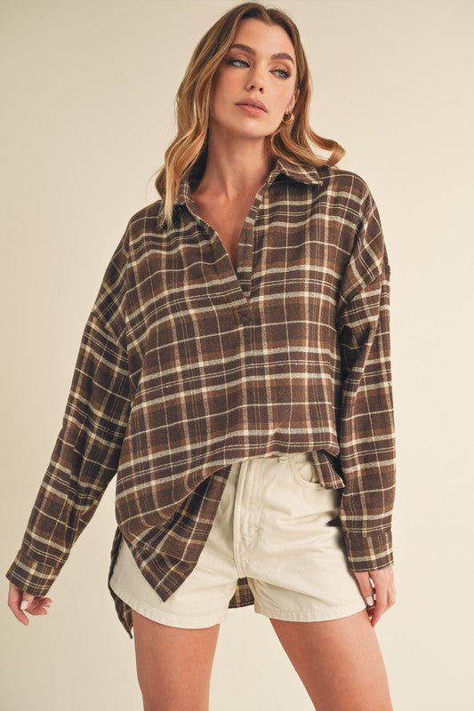 Aemi + Co Side Slit High - Low Plaid Long Sleeve Polo Shirt - S. M. & Co.