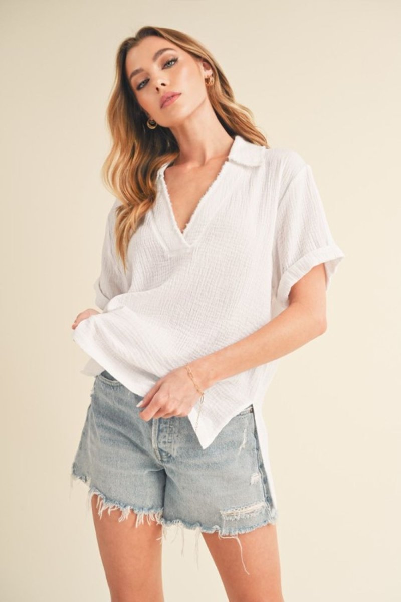 Aemi + Co Side Slit Johnny Collar Short Sleeve Cotton Gauze Blouse - S. M. & Co.