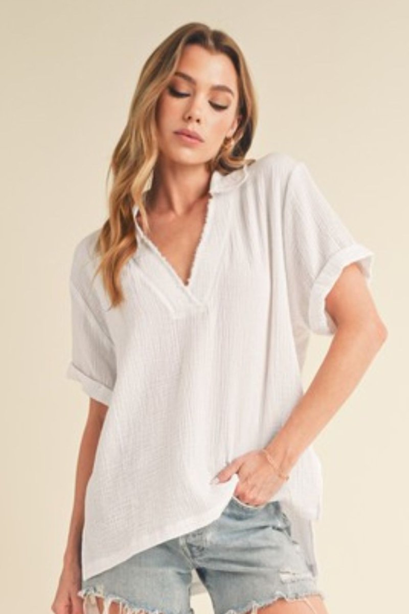 Aemi + Co Side Slit Johnny Collar Short Sleeve Cotton Gauze Blouse - S. M. & Co.