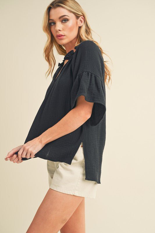 Aemi + Co Side Slit Notched Ruffled Half Sleeve Blouse - S. M. & Co.