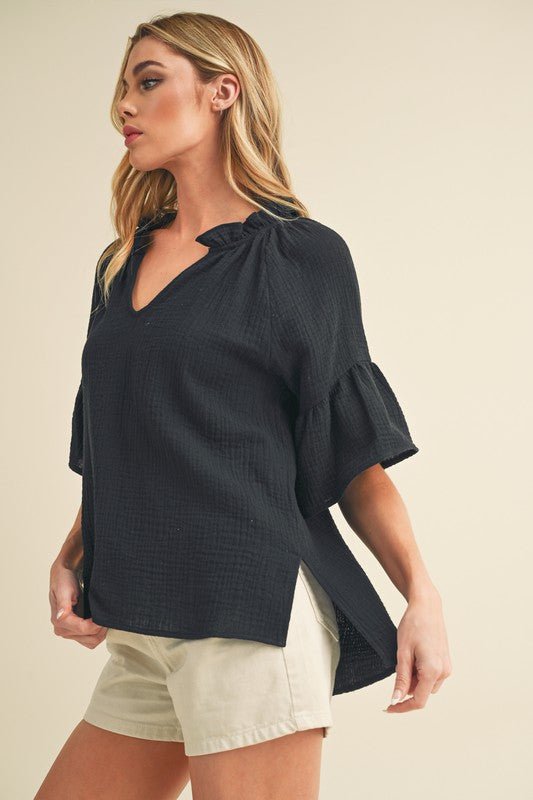 Aemi + Co Side Slit Notched Ruffled Half Sleeve Blouse - S. M. & Co.