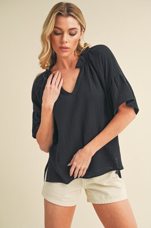 Aemi + Co Side Slit Notched Ruffled Half Sleeve Blouse - S. M. & Co.