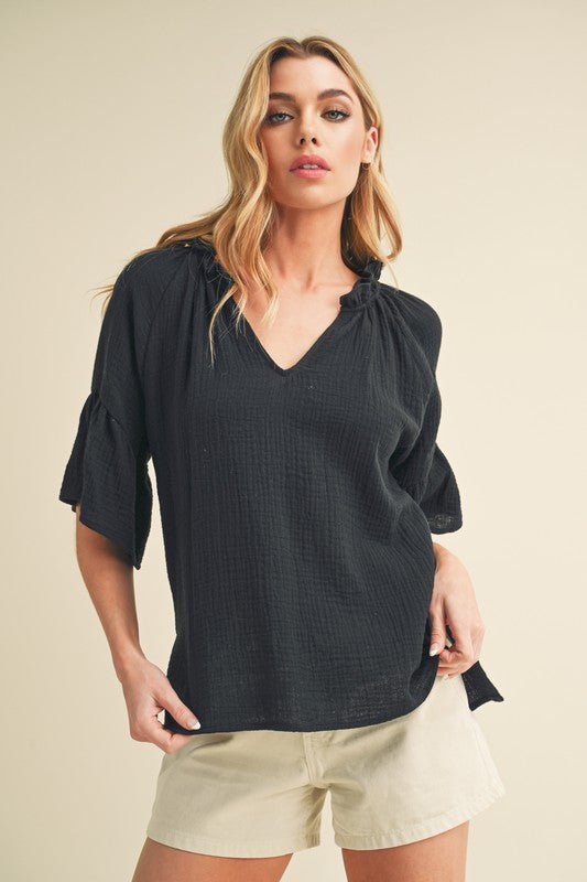 Aemi + Co Side Slit Notched Ruffled Half Sleeve Blouse - S. M. & Co.