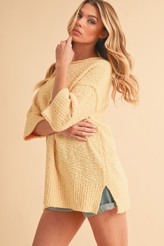 Aemi + Co Side Slit Ribbed Hem Round Neck Sweater - S. M. & Co.