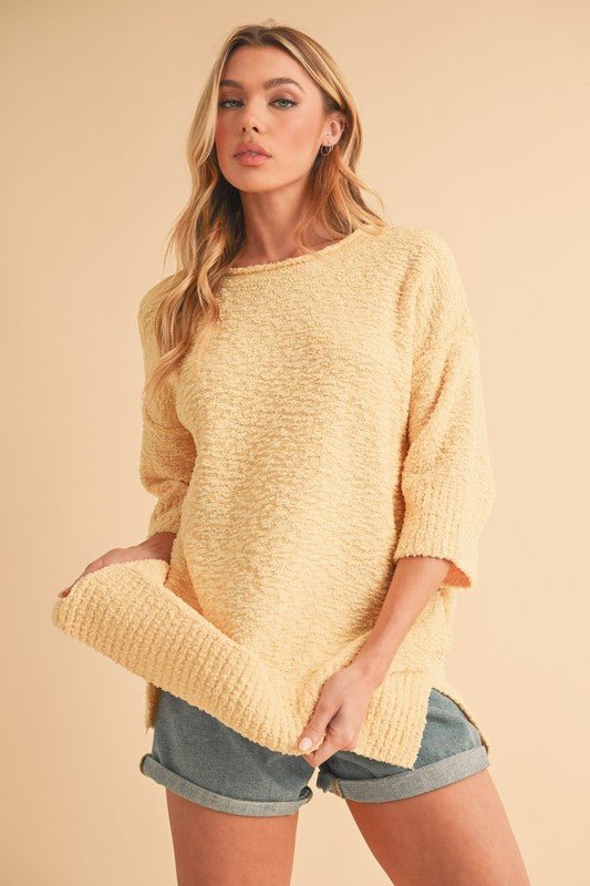 Aemi + Co Side Slit Ribbed Hem Round Neck Sweater - S. M. & Co.