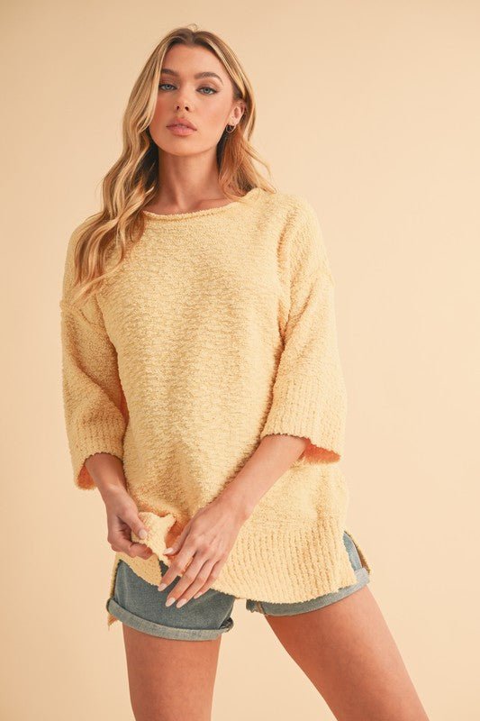 Aemi + Co Side Slit Ribbed Hem Round Neck Sweater - S. M. & Co.