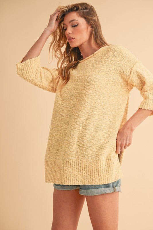 Aemi + Co Side Slit Ribbed Hem Round Neck Sweater - S. M. & Co.