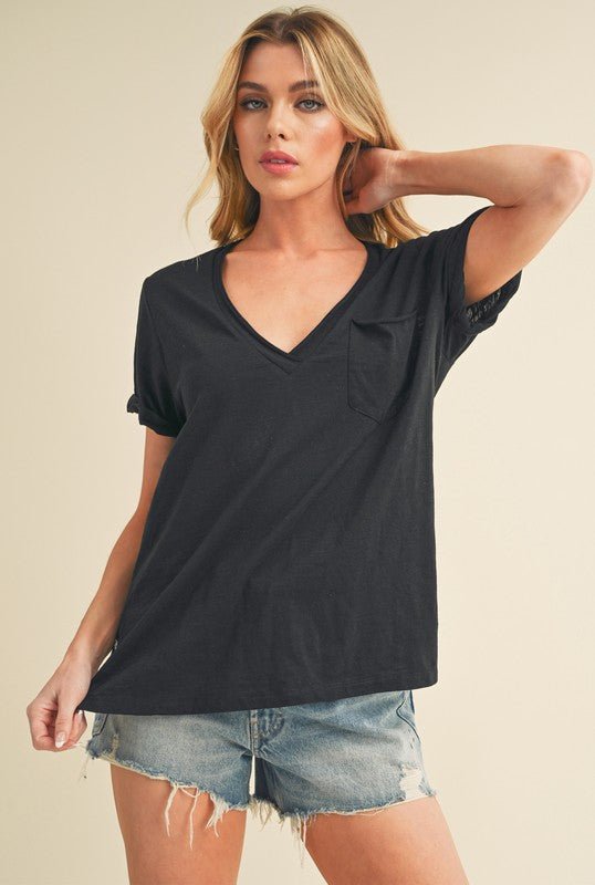 Aemi + Co Side Slit V - Neck Short Rolled Sleeve T-Shirt - S. M. & Co.