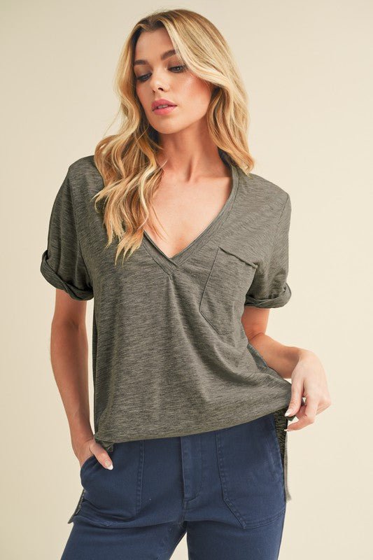 Aemi + Co Side Slit V - Neck Short Rolled Sleeve T-Shirt - S. M. & Co.