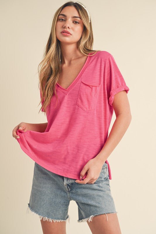 Aemi + Co Side Slit V - Neck Short Rolled Sleeve T-Shirt - S. M. & Co.