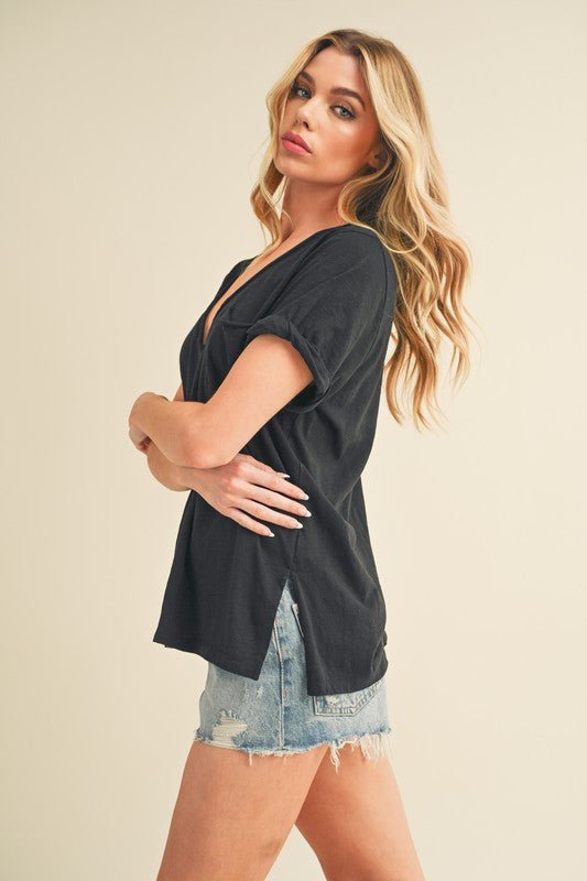 Aemi + Co Side Slit V - Neck Short Rolled Sleeve T-Shirt - S. M. & Co.