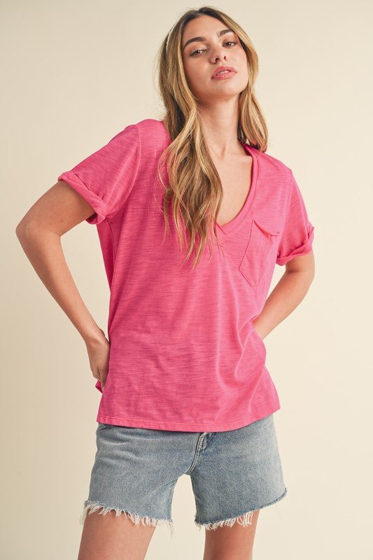 Aemi + Co Side Slit V - Neck Short Rolled Sleeve T-Shirt - S. M. & Co.