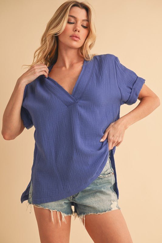 Aemi + Co Side Slit V - Neck Short Sleeve Blouse - S. M. & Co.