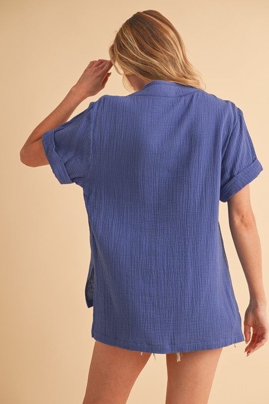 Aemi + Co Side Slit V - Neck Short Sleeve Blouse - S. M. & Co.