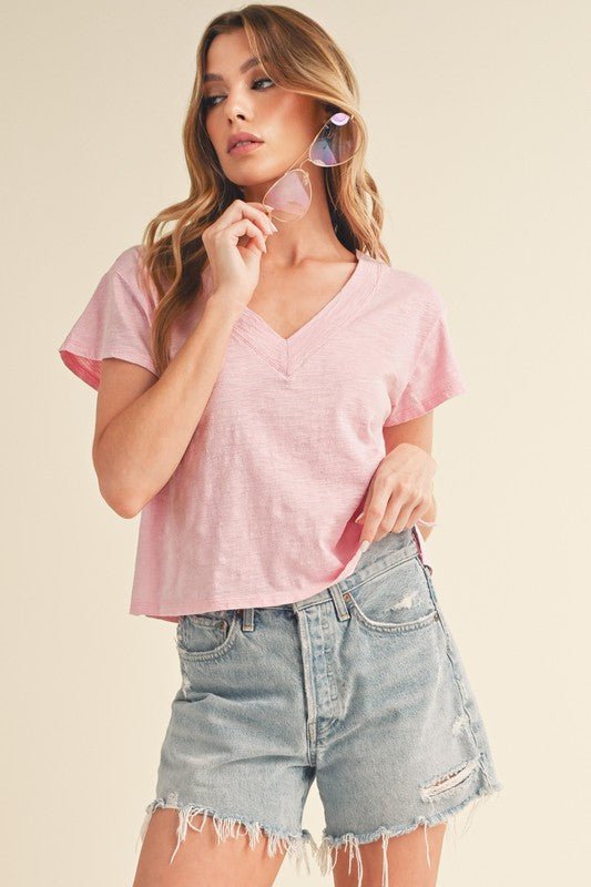 Aemi + Co Side Slit V - Neck Short Sleeve Cropped T-Shirt - S. M. & Co.