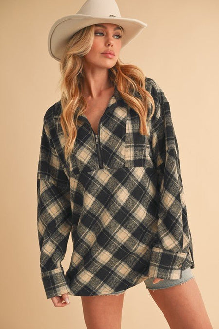 Aemi + Co Slit Plaid Half Zip Drop Shoulder Top - S. M. & Co.