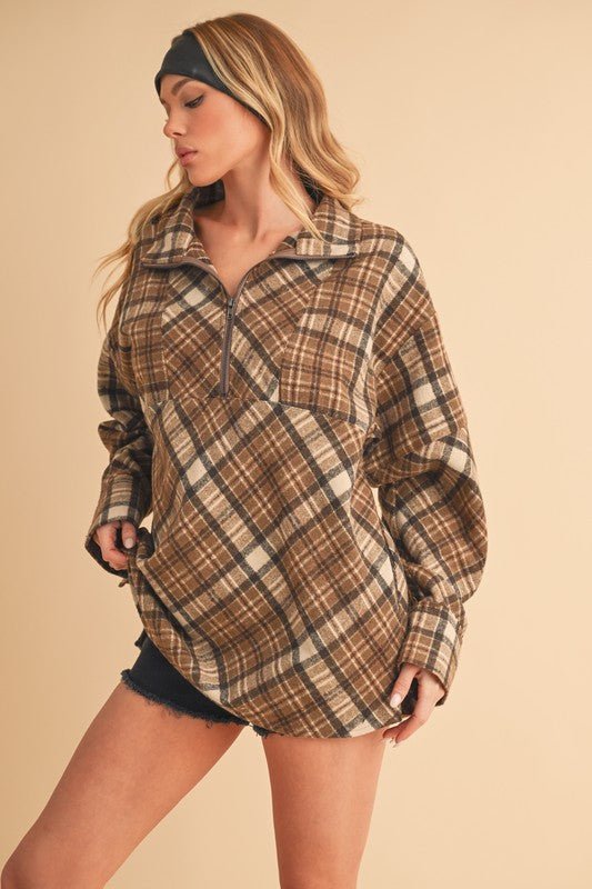 Aemi + Co Slit Plaid Half Zip Drop Shoulder Top - S. M. & Co.