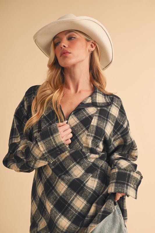 Aemi + Co Slit Plaid Half Zip Drop Shoulder Top - S. M. & Co.