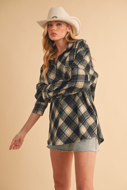 Aemi + Co Slit Plaid Half Zip Drop Shoulder Top - S. M. & Co.