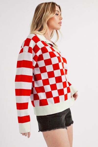 Aemi + Co Striped & Checkered Drop Shoulder Sweater - S. M. & Co.