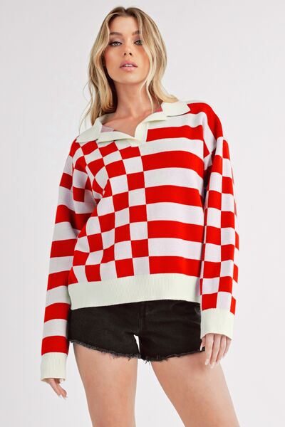 Aemi + Co Striped & Checkered Drop Shoulder Sweater - S. M. & Co.