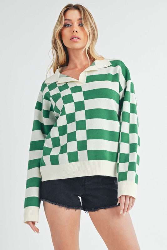 Aemi + Co Striped & Checkered Drop Shoulder Sweater - S. M. & Co.