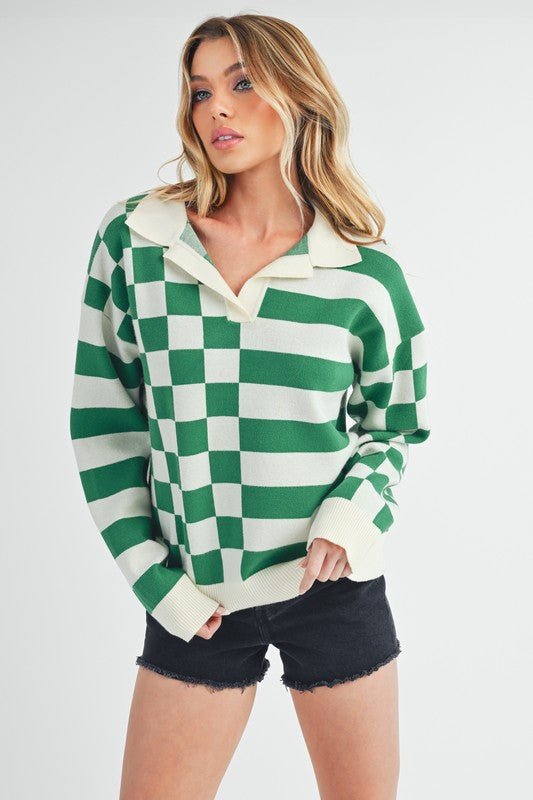 Aemi + Co Striped & Checkered Drop Shoulder Sweater - S. M. & Co.