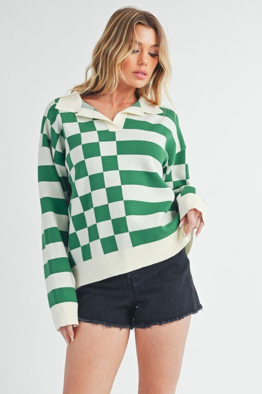 Aemi + Co Striped & Checkered Drop Shoulder Sweater - S. M. & Co.