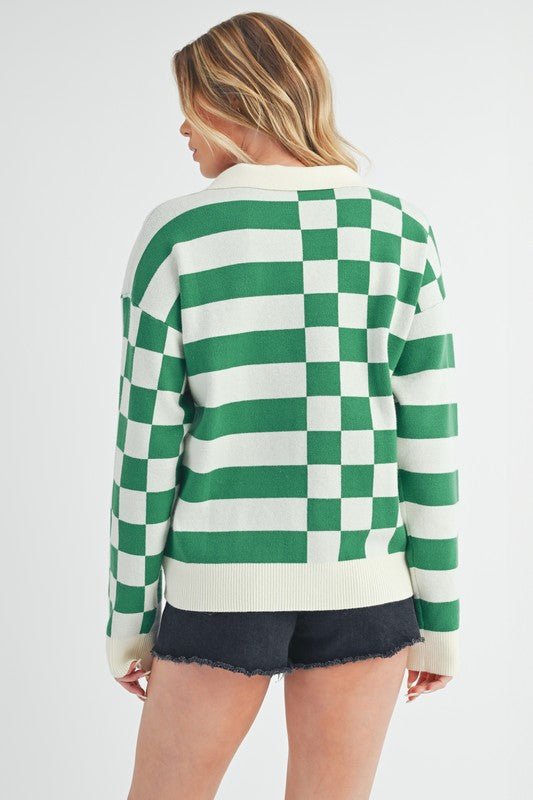 Aemi + Co Striped & Checkered Drop Shoulder Sweater - S. M. & Co.