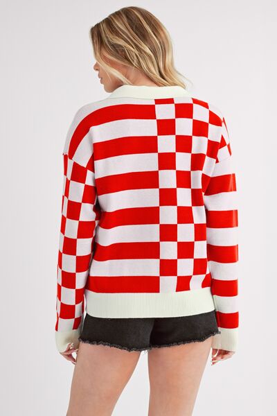 Aemi + Co Striped & Checkered Drop Shoulder Sweater - S. M. & Co.