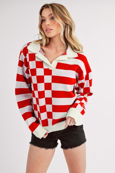 Aemi + Co Striped & Checkered Drop Shoulder Sweater - S. M. & Co.