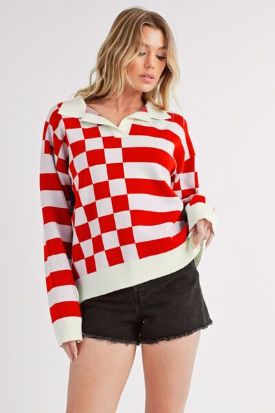 Aemi + Co Striped & Checkered Drop Shoulder Sweater - S. M. & Co.