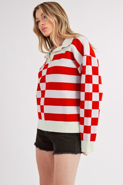 Aemi + Co Striped & Checkered Drop Shoulder Sweater - S. M. & Co.