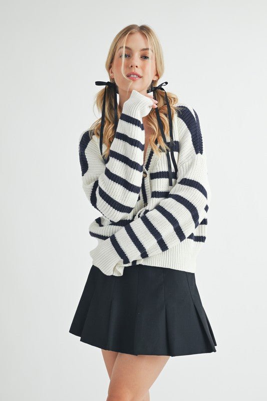 Aemi + Co Striped V - Neck Button Down Cardigan - S. M. & Co.