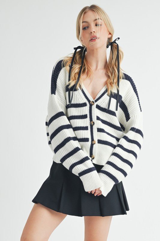 Aemi + Co Striped V - Neck Button Down Cardigan - S. M. & Co.